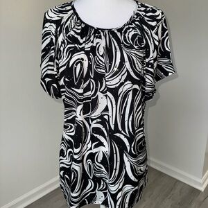 70s Rachel Rachel Women’s Blouse 2X Abstract Black White‎ Sparkly Tie Back Y2K